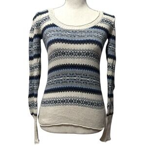 AphOrism‎ Cream Blue Fair Isle Nordic Knit Sweater Women's S Angora Rabbit Blend
